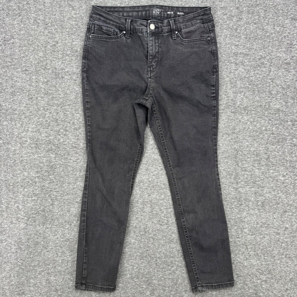 Crown & Ivy Womens Skinny Jeans Faded Black Denim Size 8S Short Mid Rise Stretch